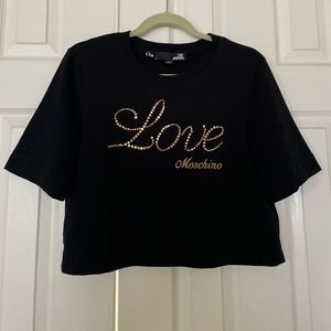 Love Moschino Logo Studded Black Cropped Tee- Size 4